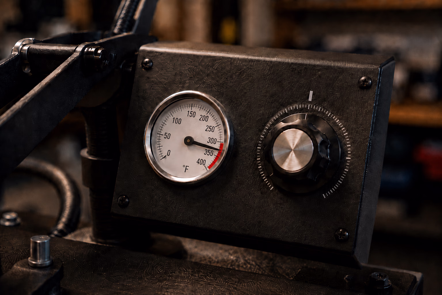 Heat press temperature dial set to 320 degrees Fahrenheit
