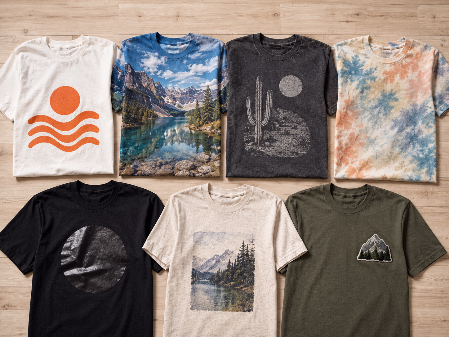 Seven t-shirt printing methods shown side by side