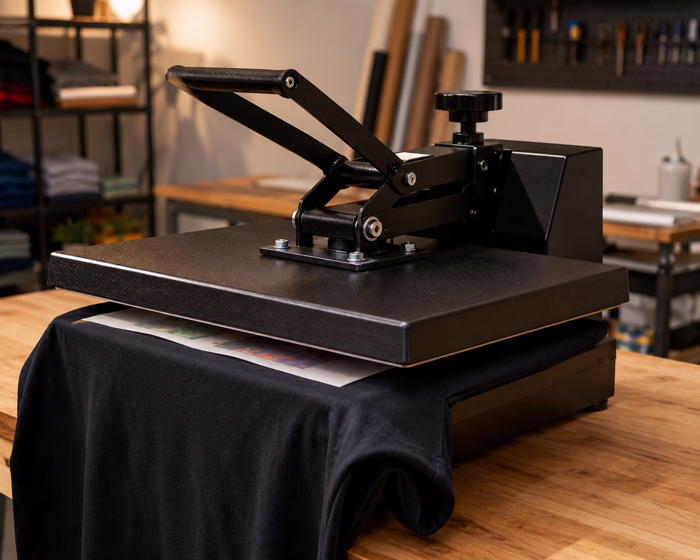 Clamshell heat press pressing a DTF transfer on a t-shirt