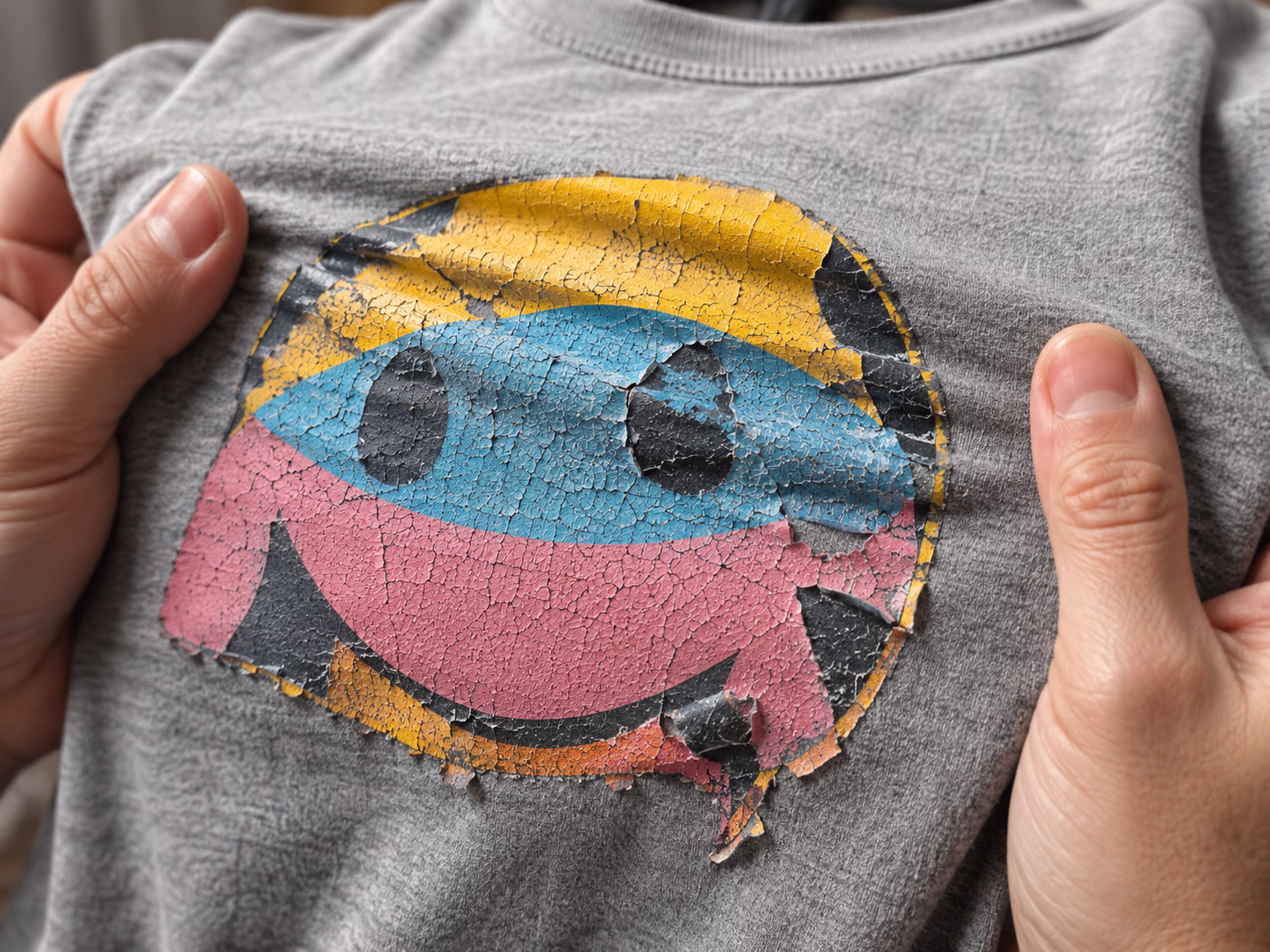 Cracked UV DTF decal on a stretched t-shirt