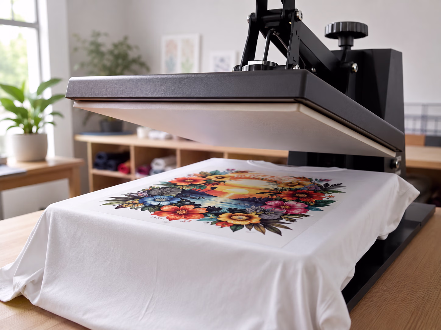 Custom iron-on DTF transfer being pressed onto a t-shirt