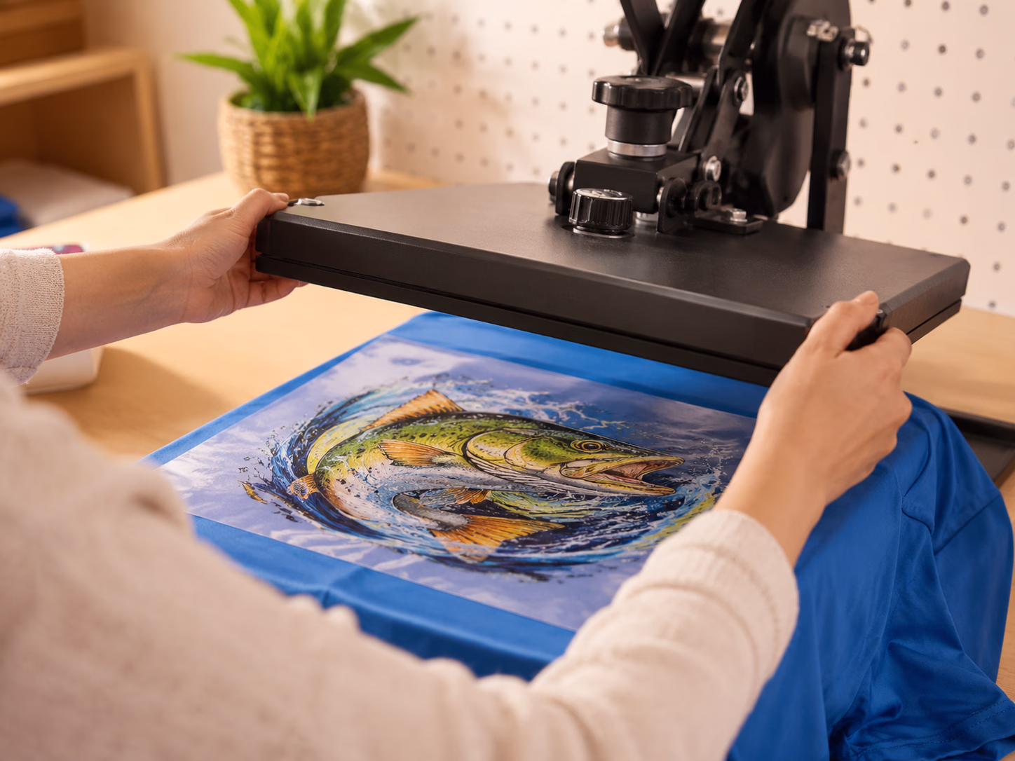 DTF transfer being pressed onto a polyester shirt