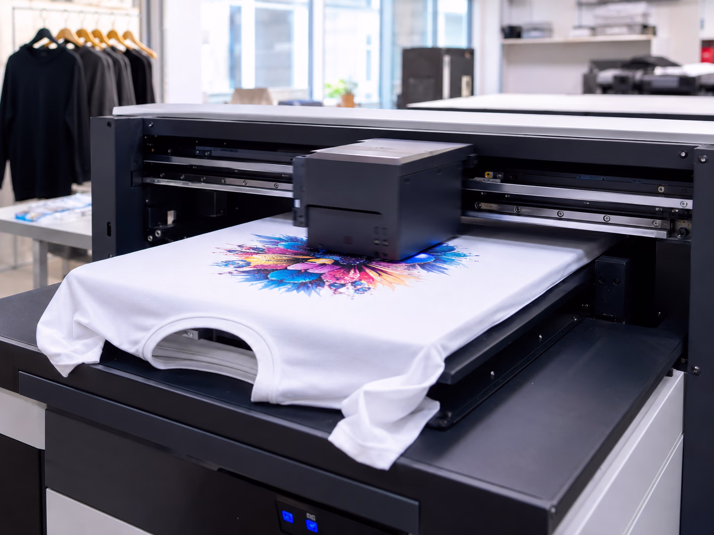 DTG printer printing directly onto a cotton t-shirt