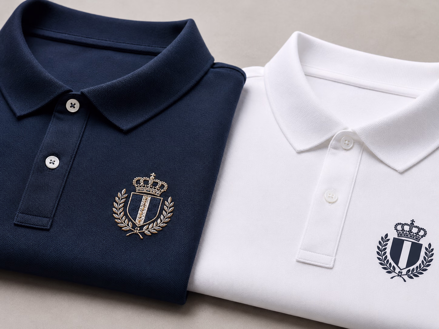 Embroidered logo next to printed logo on polos