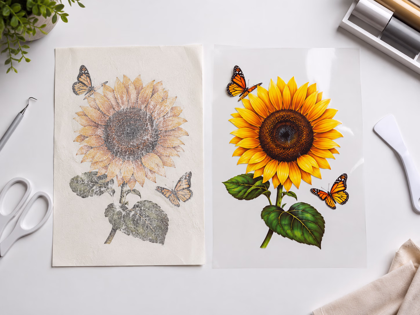 Old inkjet iron-on paper next to a modern DTF transfer