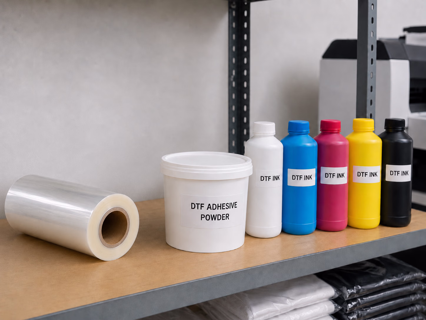 Rolls of DTF film and adhesive powder supplies