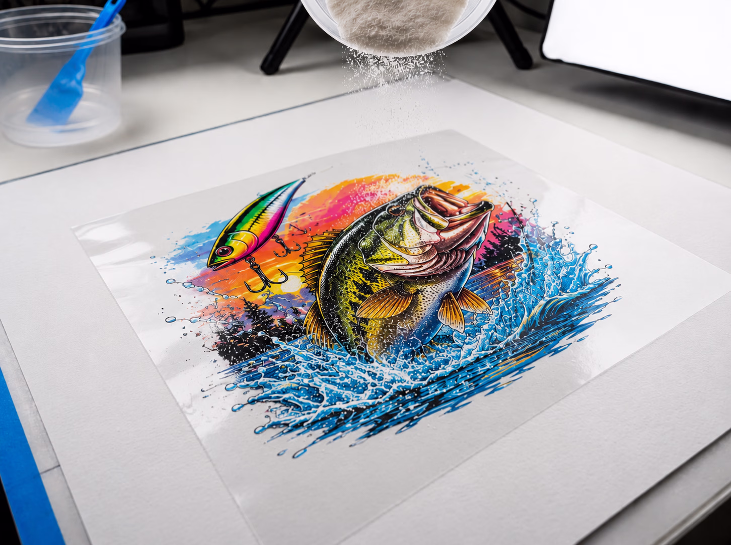 Applying hot-melt adhesive powder to a wet DTF print