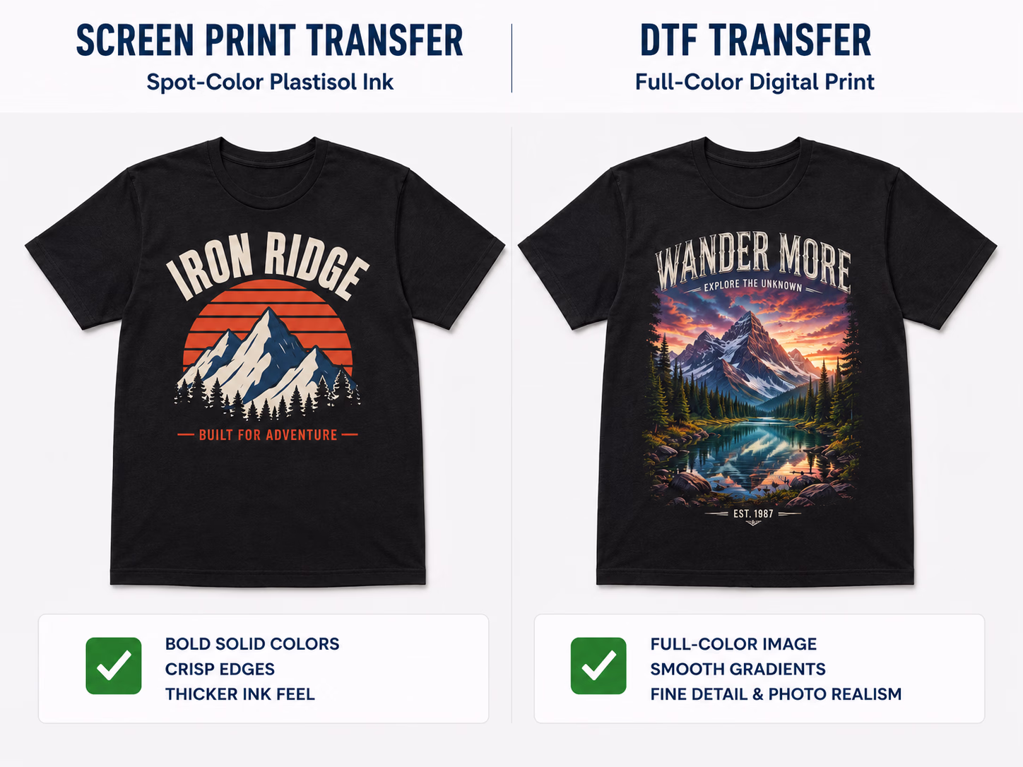Screen print transfer and DTF transfer side by side on cotton shirts