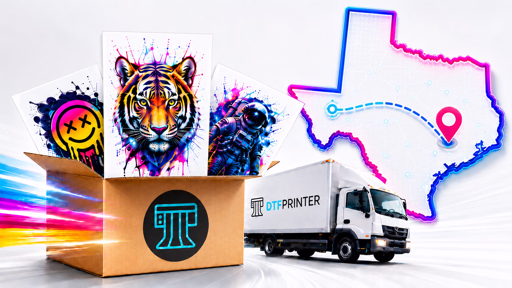 Custom DTF transfers printed by DTF Printer and shipped across Texas
