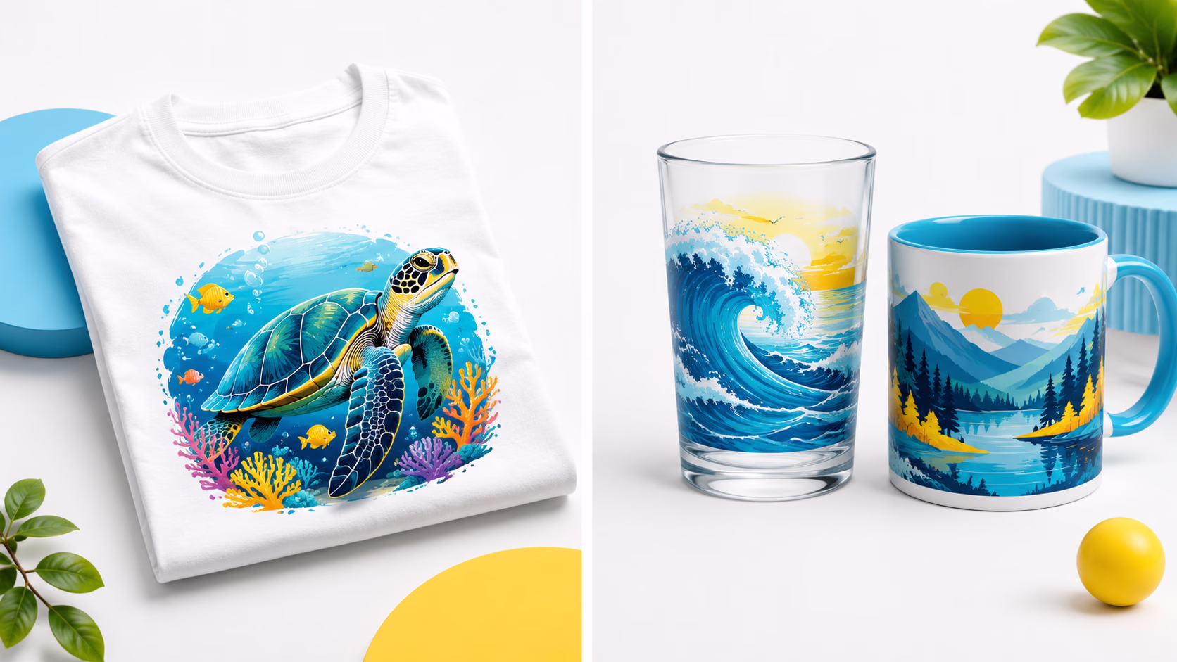 A DTF print on a fabric garment next to UV DTF wraps on a glass tumbler and a mug, showing fabric versus hard-surface uses