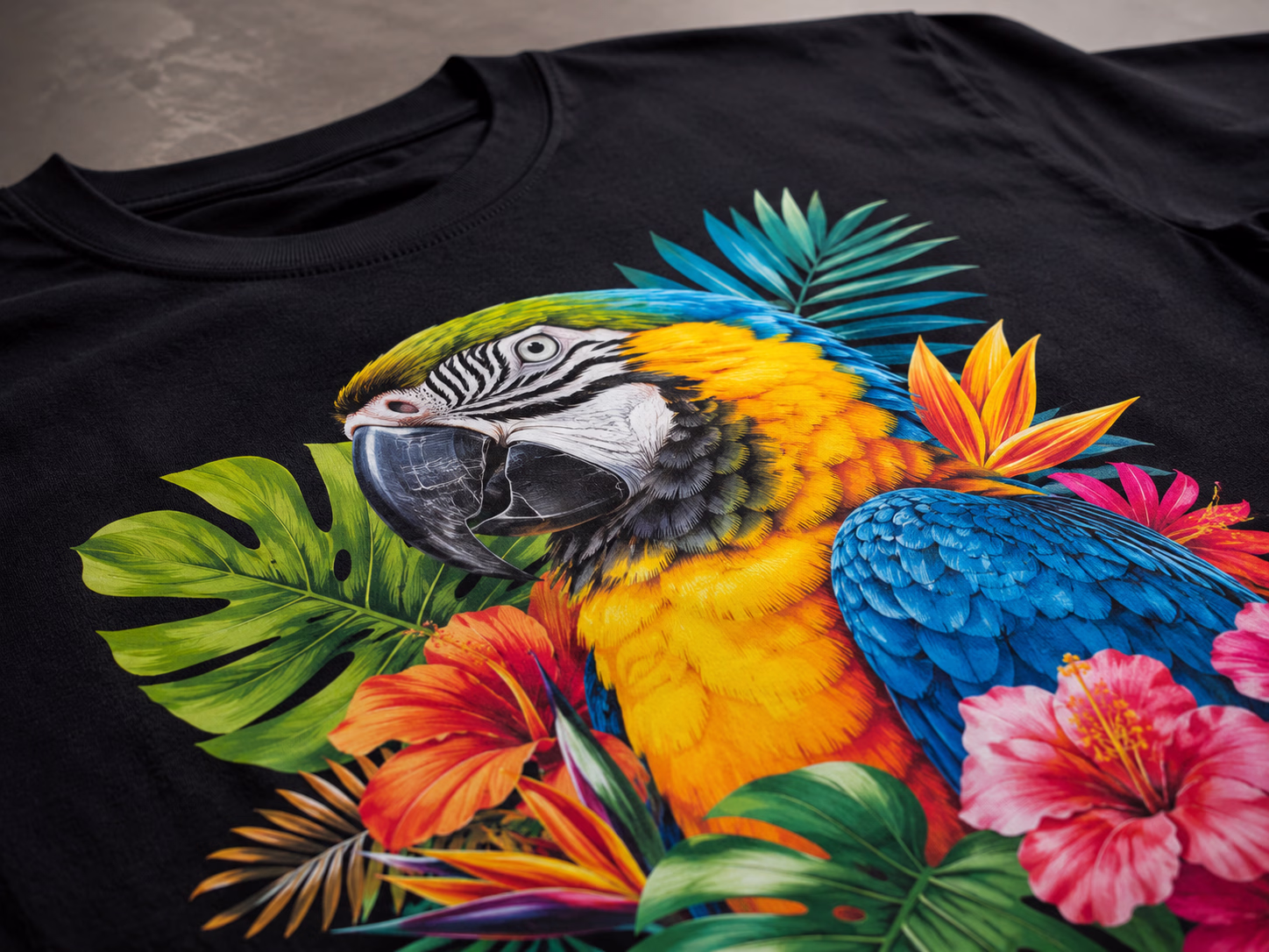 A vivid, full color DTF print staying bright on a dark garment thanks to the white underbase