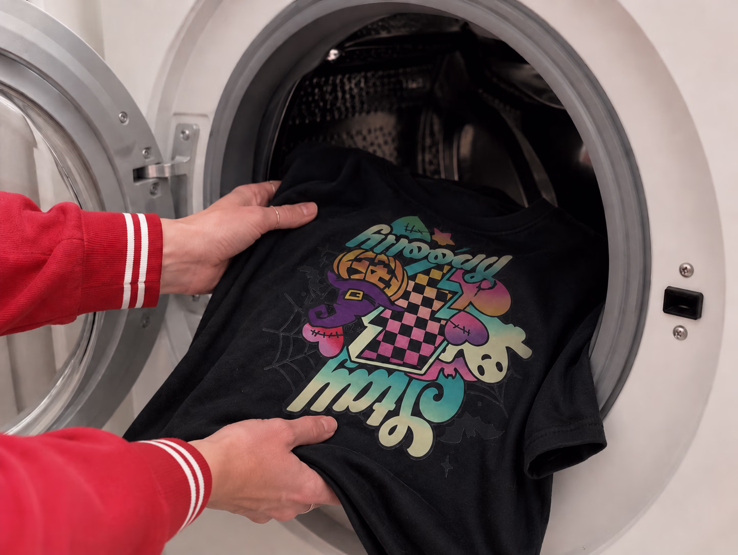 Washing a garment with a DTF transfer inside-out on a gentle cold cycle