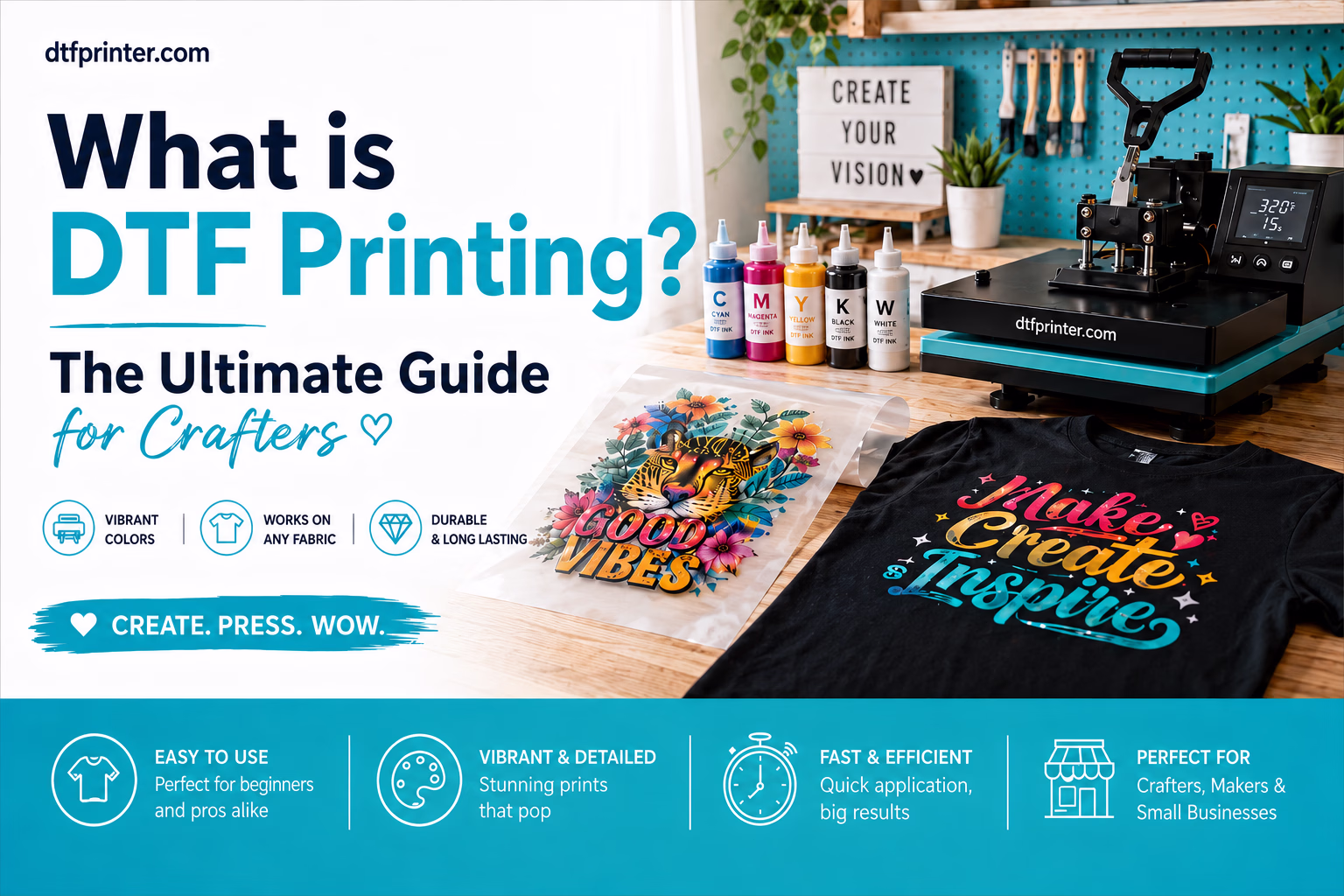 What is DTF printing: a full color DTF transfer on clear film next to the finished printed garment