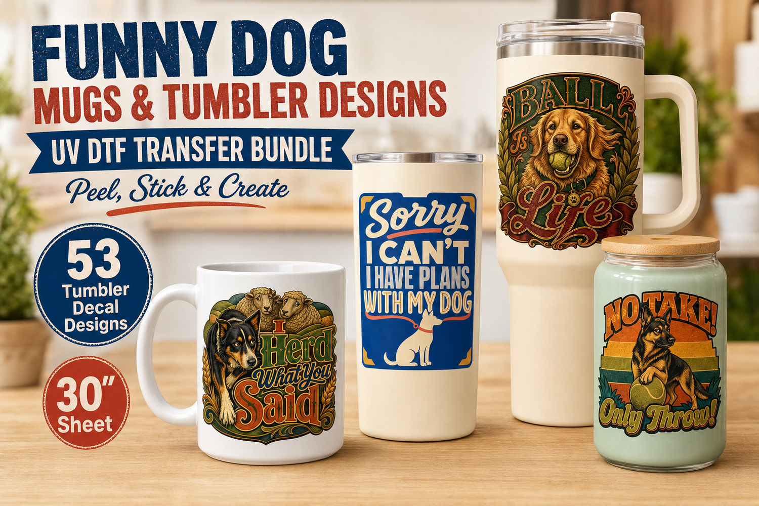 Funny Dog Mugs UV DTF Gang Sheet – 53 Tumbler Decal Designs view 1