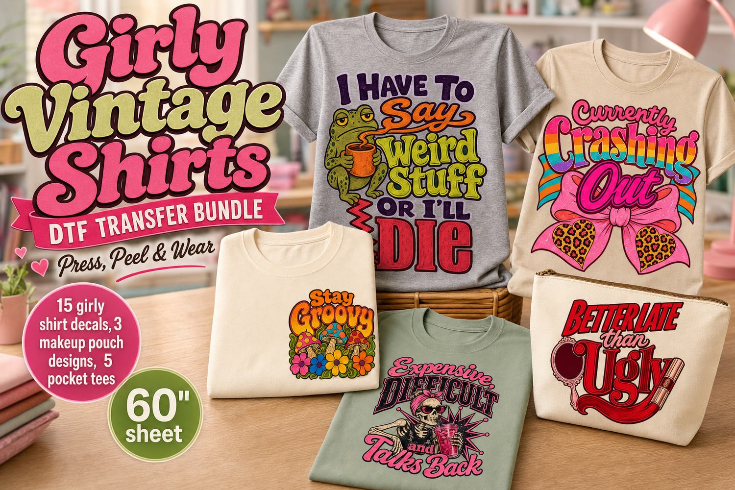 Girly Vintage Shirts DTF 60-Inch Gang Sheet for Fabric view 6
