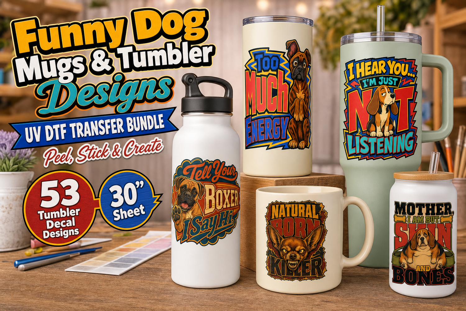 Funny Dog Mugs UV DTF Gang Sheet – 53 Tumbler Decal Designs view 7