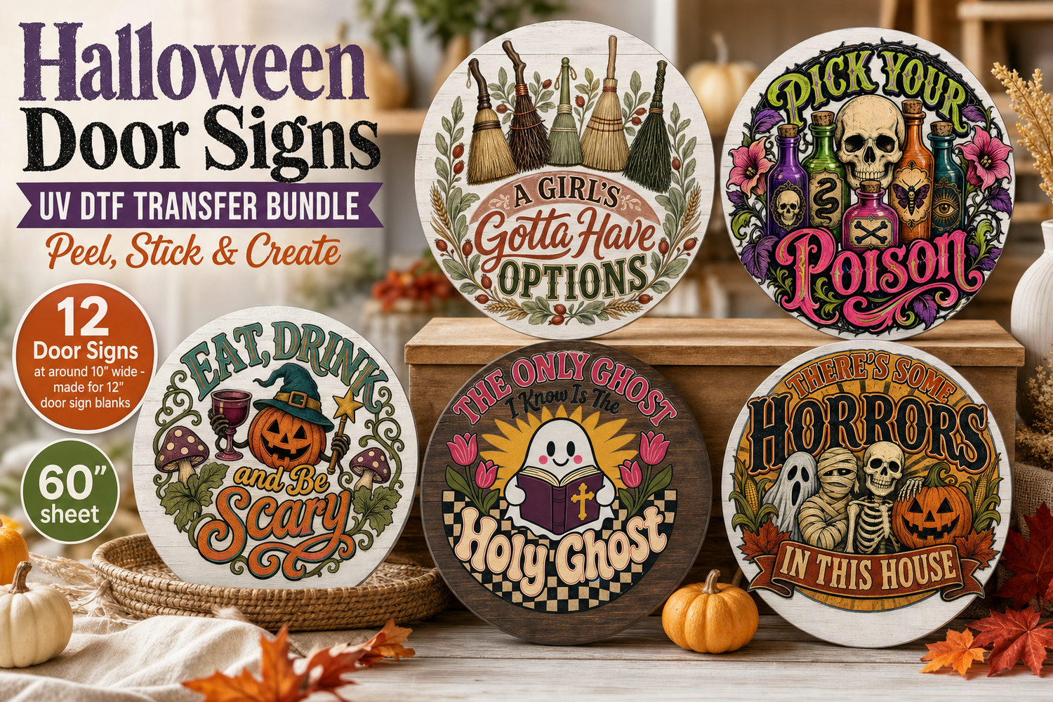 Halloween Door Sign UV DTF Transfer Bundle – 12 Farmhouse Designs view 1