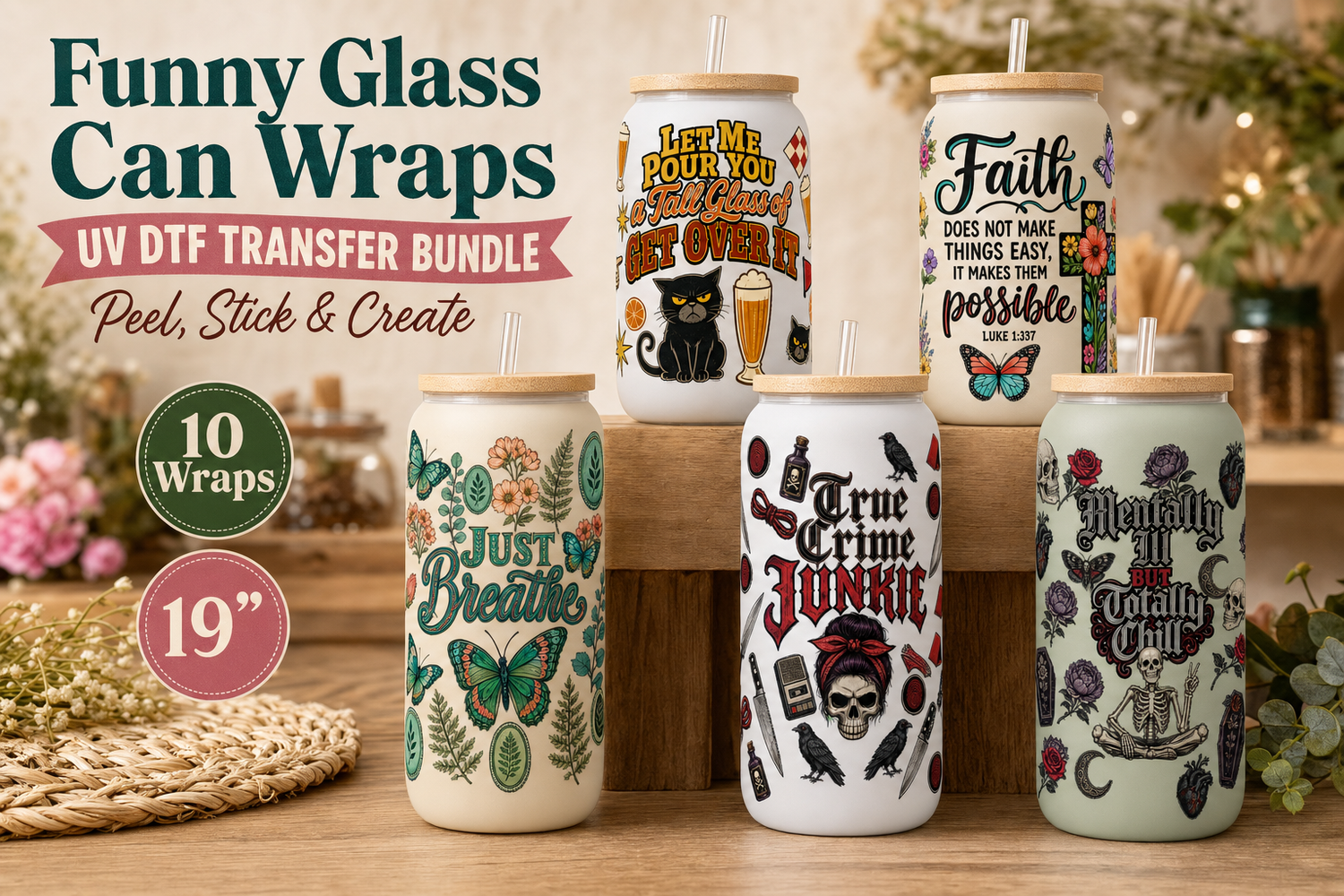 Class Can Wraps UV DTF Gang Sheet – 10 Designs for 16oz Glass Cans view 1