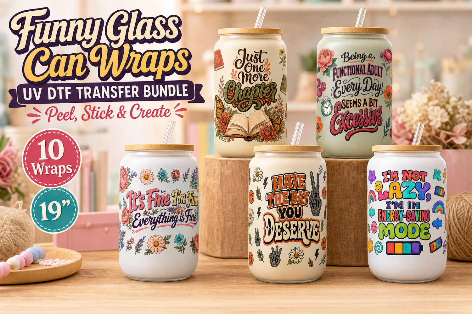 Class Can Wraps UV DTF Gang Sheet – 10 Designs for 16oz Glass Cans view 2