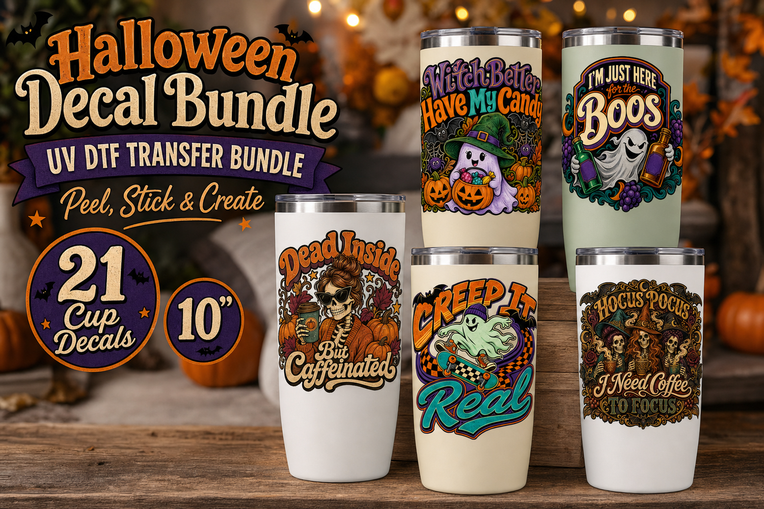 Halloween Mug Bundle UV DTF Gang Sheet – 21 Tumbler Decals view 1