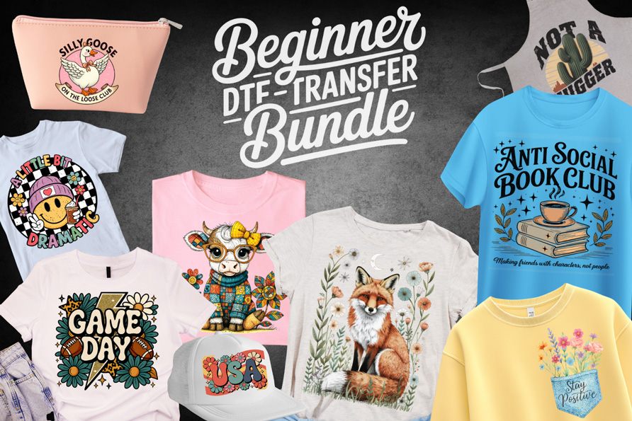 Beginner DTF Transfer Bundle – 30” Sheet with Shirt & Small Project Designs + Companion Guide