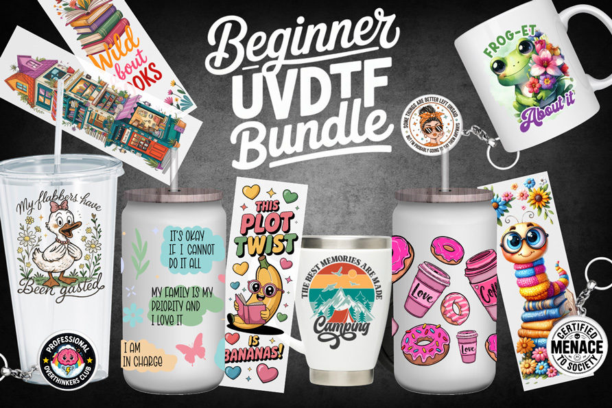 Beginner UVDTF Transfer Bundle – 30” Sheet with 40+ Tumbler Wraps, Keychains, Bookmarks & Cup Decals